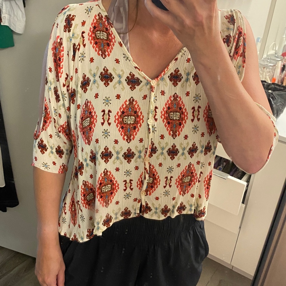 HIP boho bohemian button front top blouse green pink tribal Aztec print small